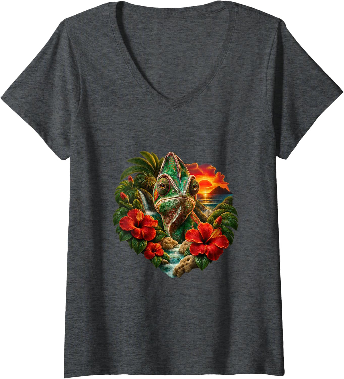 Women's Chameleon Among Hibiscus at Sunset V-Neck T-Shirt - Dark Heather Grey