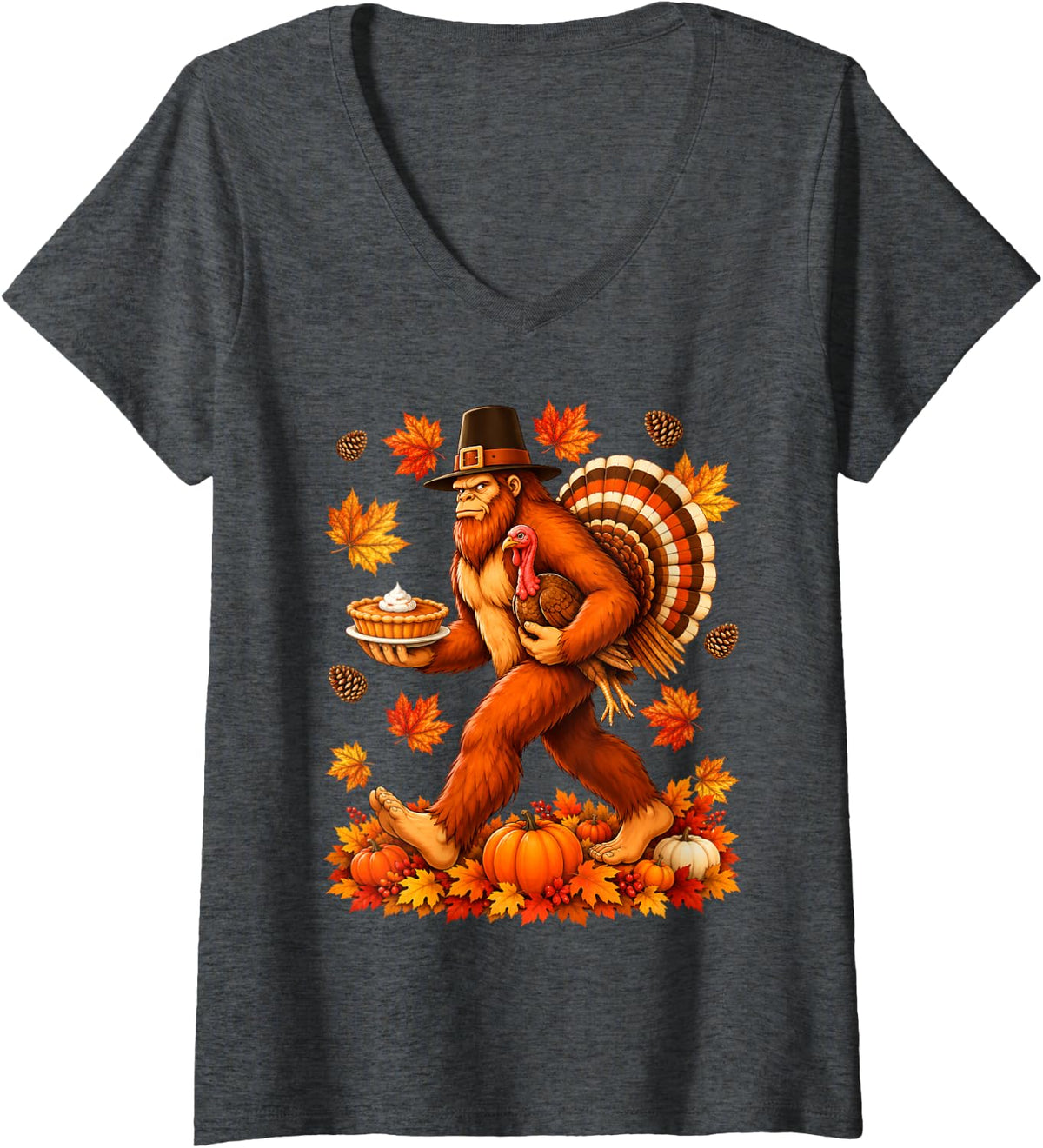 Women's Funny Bigfoot Pumpkin Pie & Turkey Sasquatch Thanksgiving V-Neck T-Shirt - Dark Heather Grey