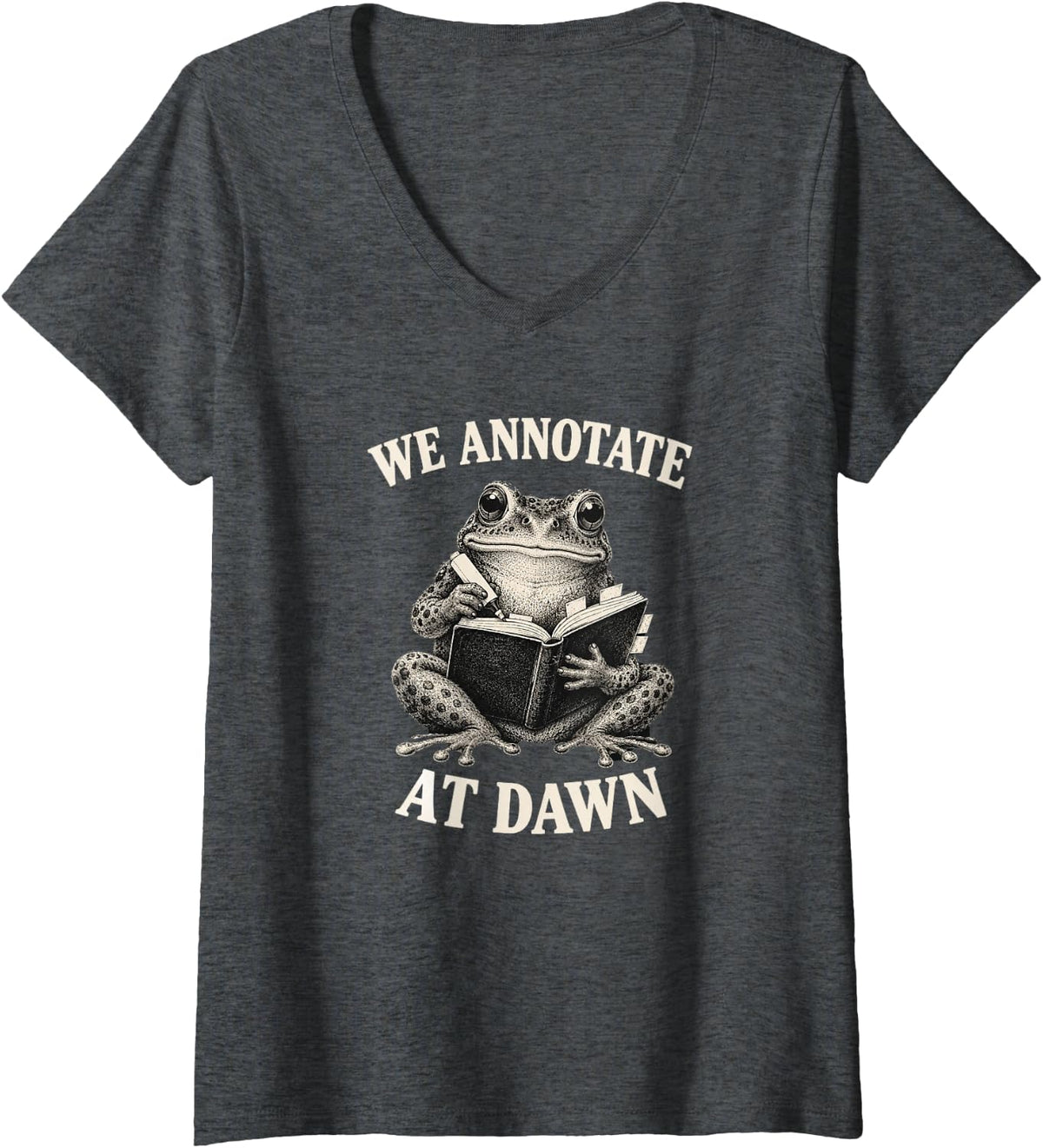 Women's We Annotate At Dawn English Teacher Frog Back to School Book V-Neck T-Shirt - Dark Heather Grey