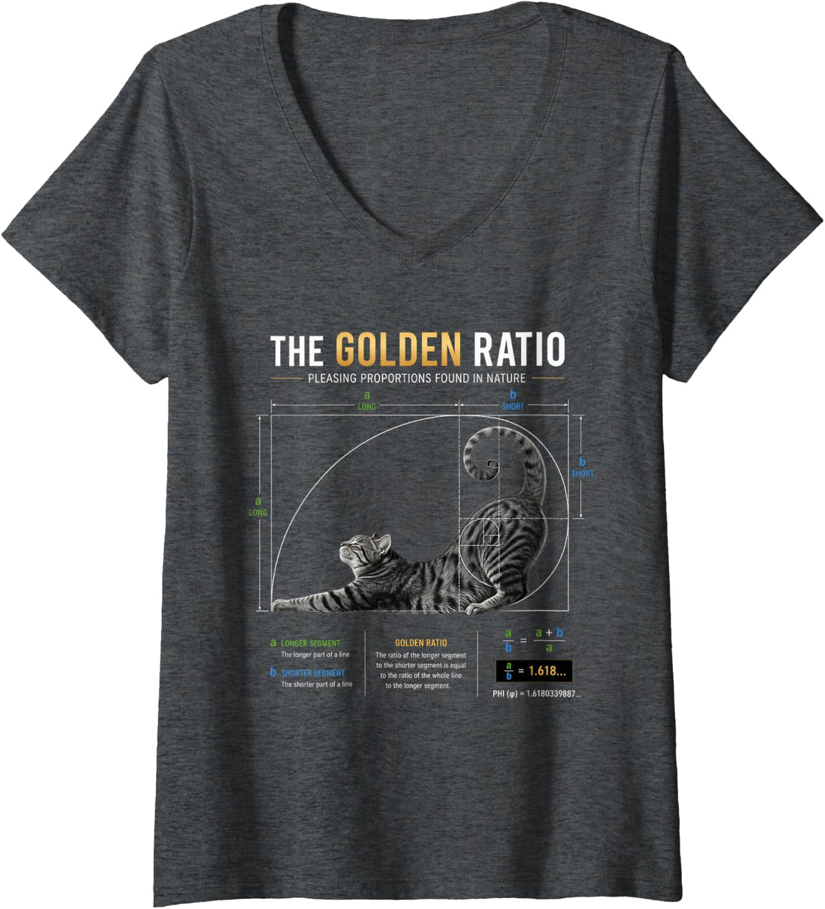 Women's Golden Ratio Cat Math Fibonacci Nature Geometry Design V-Neck T-Shirt - Dark Heather Grey