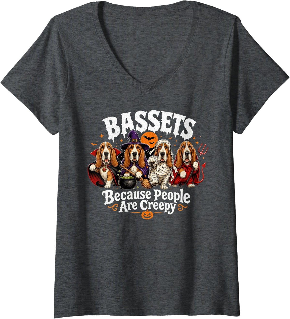 Women's Bassets Because People are Creepy Halloween V-Neck T-Shirt - Dark Heather Grey
