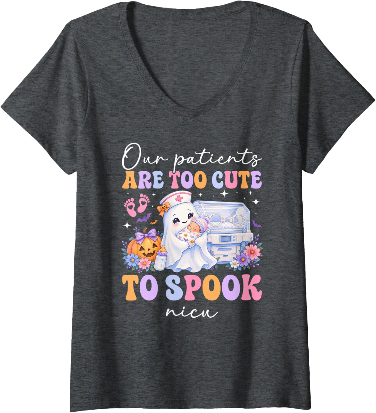 Women's Groovy Spooky NICU Halloween Neonatal Intensive Care Unit V-Neck T-Shirt - Dark Heather Grey