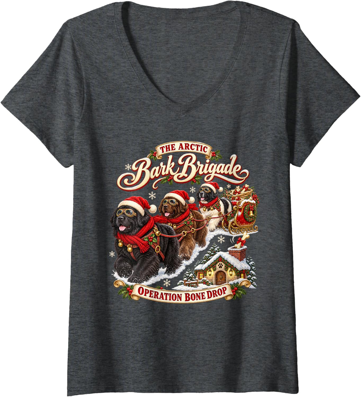 Women's Retro Newfoundland Christmas Flying Sleigh Dog Lover Cute V-Neck T-Shirt - Dark Heather Grey