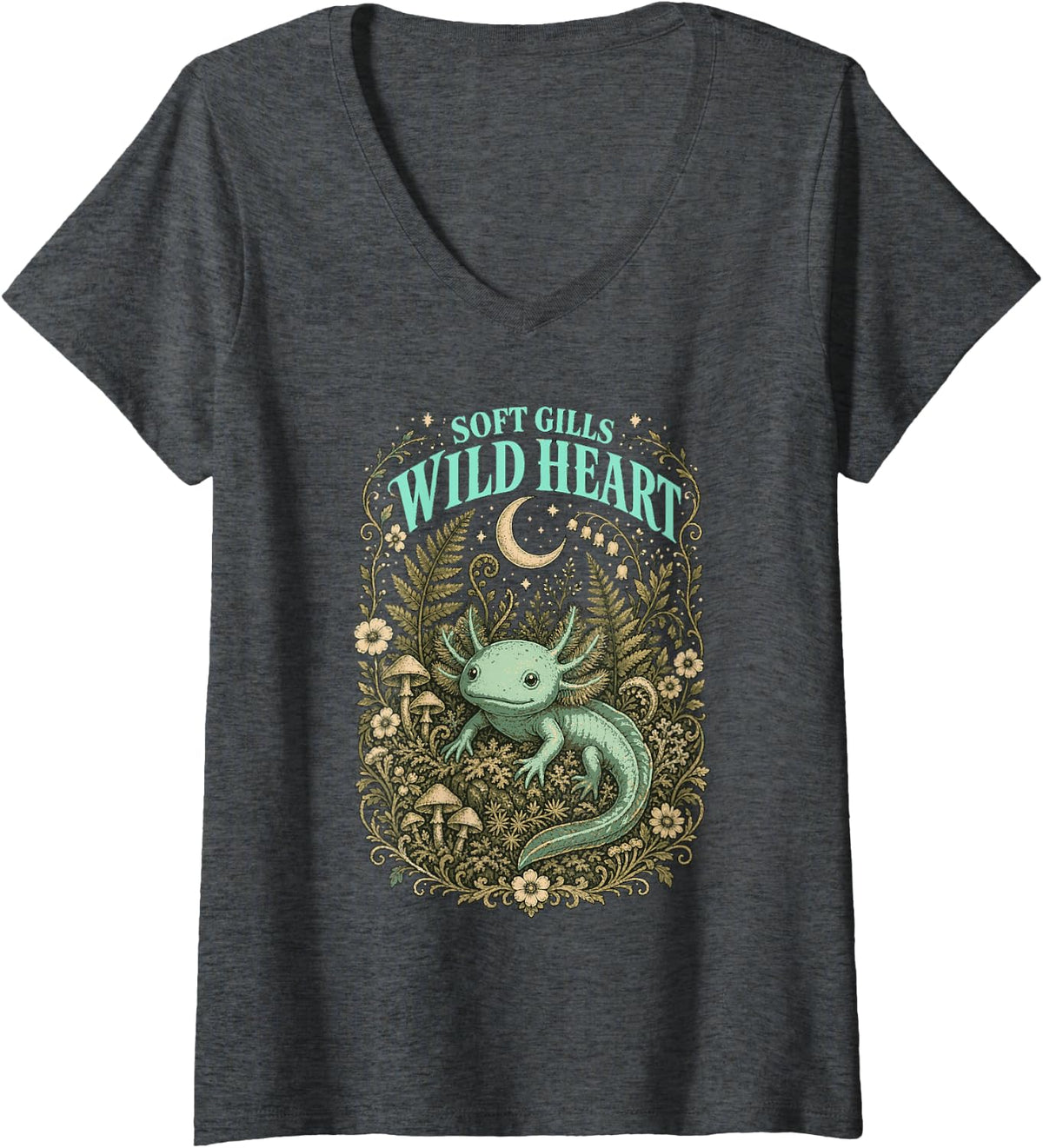 Women's Axolotl Soft Gills Wild Heart Forest Moon V-Neck T-Shirt - Dark Heather Grey