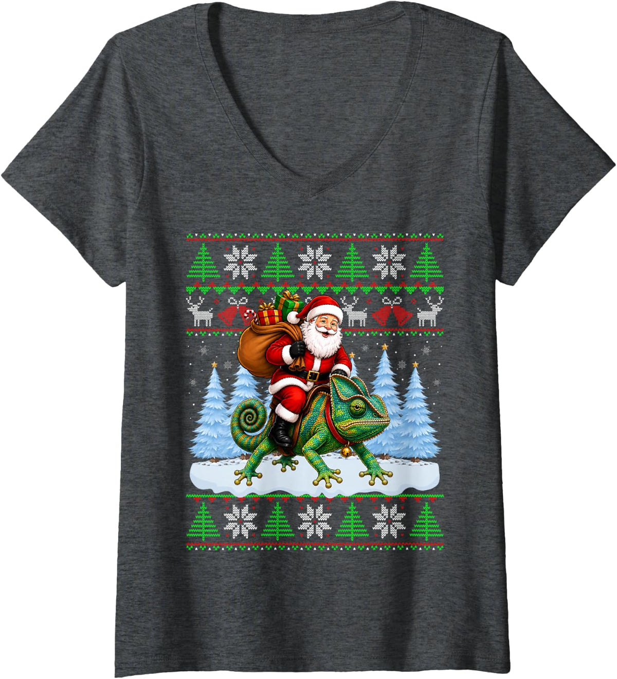 Women's Ugly Xmas Sweaters Funny Santa Riding Chameleon Christmas V-Neck T-Shirt - Dark Heather Grey