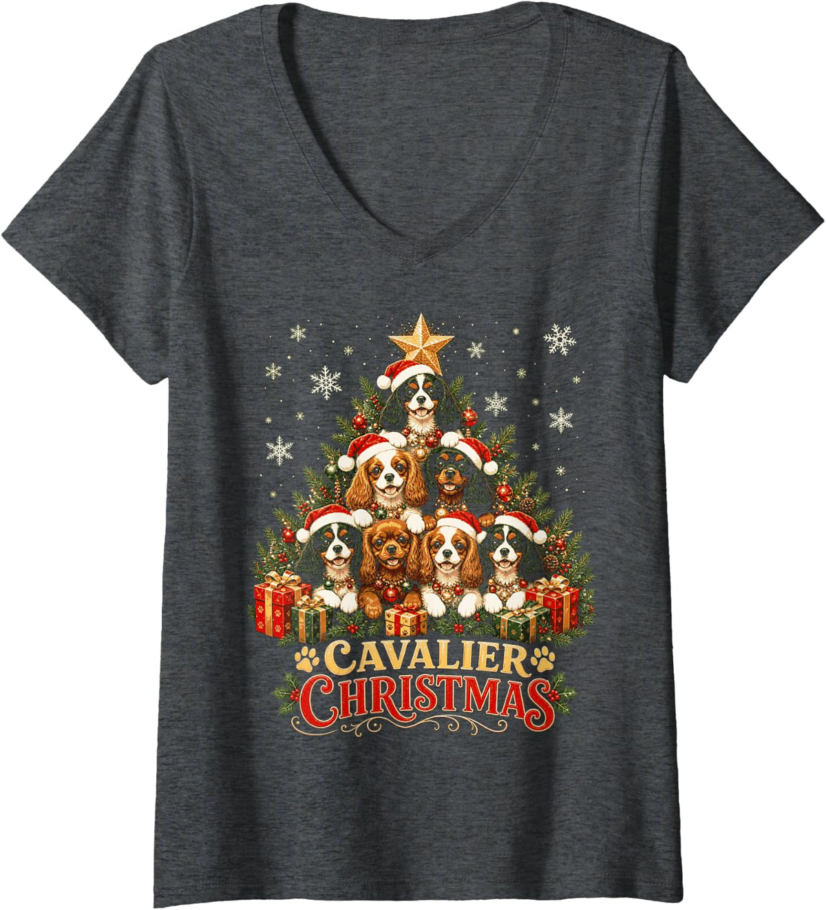 Women's Christmas Cavalier King Charles Spaniel Tree Dog Lovers V-Neck T-Shirt - Dark Heather Grey