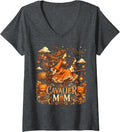 Women's Halloween Witch Mom Cavalier King Charles Spaniel Dog V-Neck T-Shirt - Dark Heather Grey
