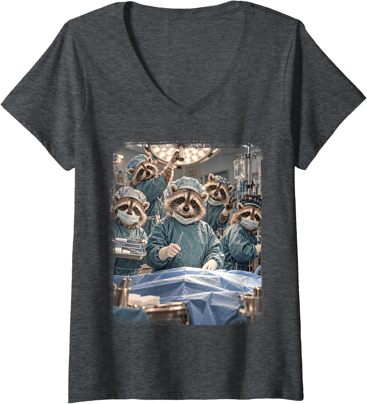 Women's Raccoon Nurse Nursing Nurses Registered Nurse Operation V-Neck T-Shirt - Dark Heather Grey