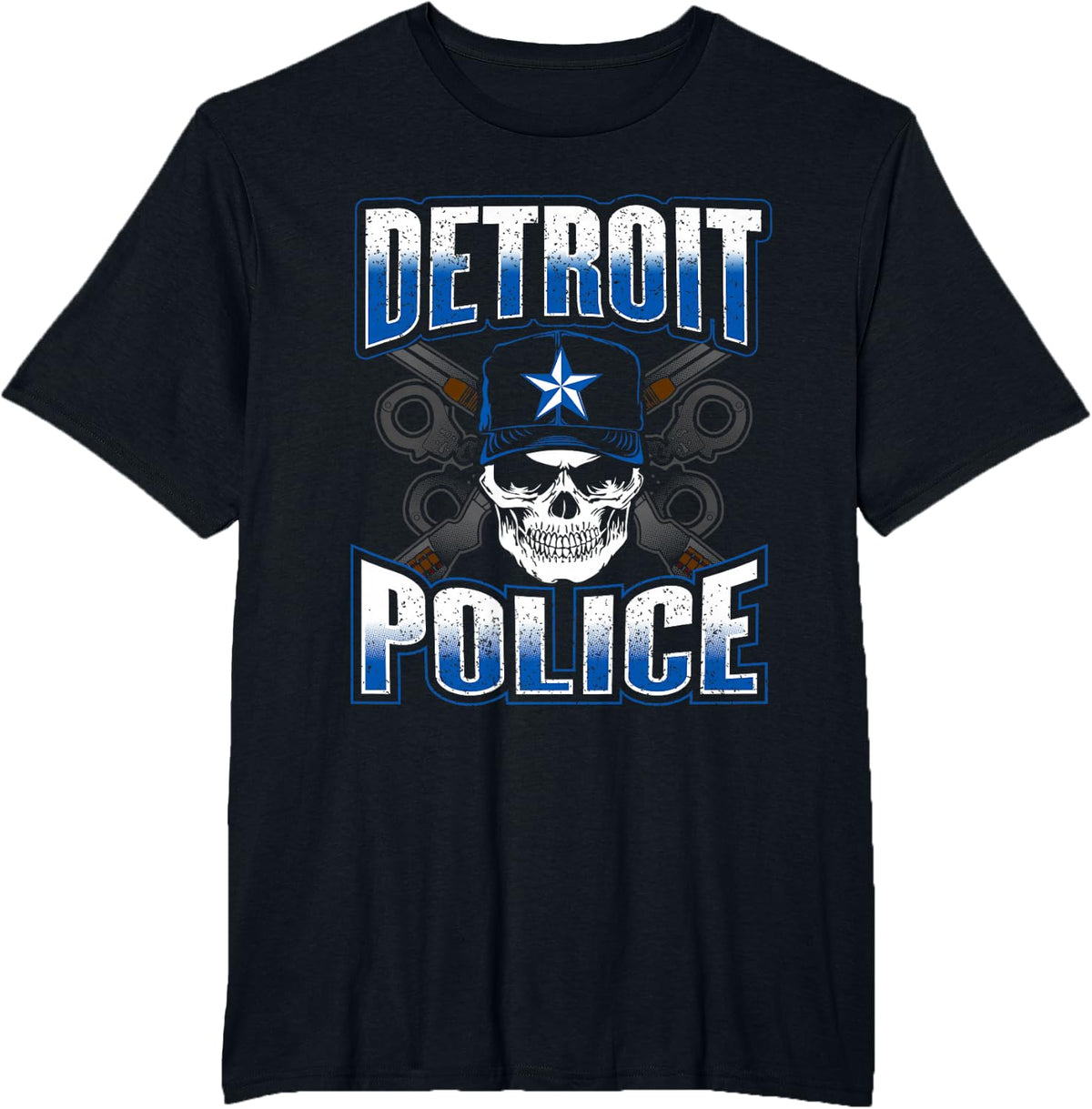 Detroit Michigan PD Policeman Graphic Skull Guns Thin Blue T-Shirt - Black