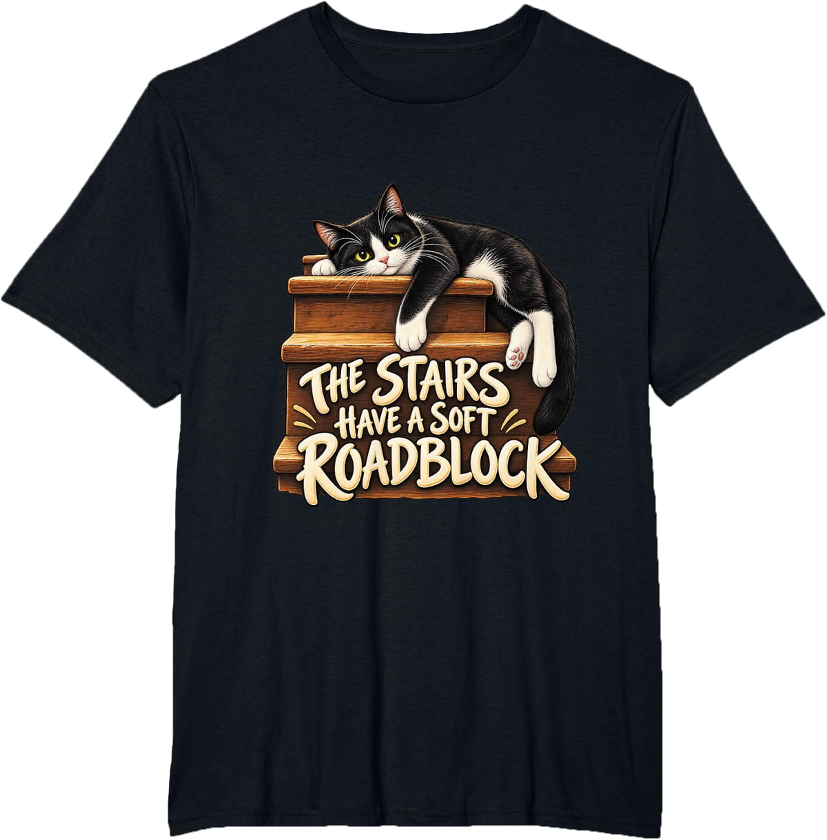 Tuxedo Cat Stairs Owner Feline Pet T-Shirt - Black