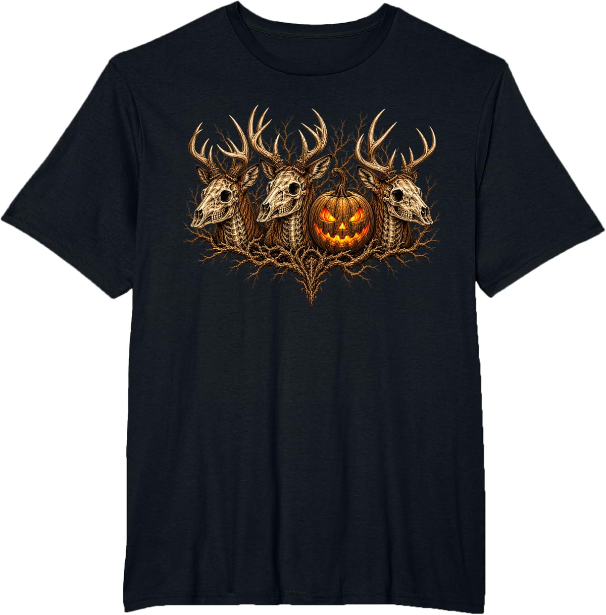 Whitetail Deer Skull Pumpkin Halloween Hunting Buck Skeleton T-Shirt - Black