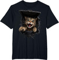 Playful Tabby Cat Pawing Through Hatch Realistic 3D Illusion T-Shirt - Black