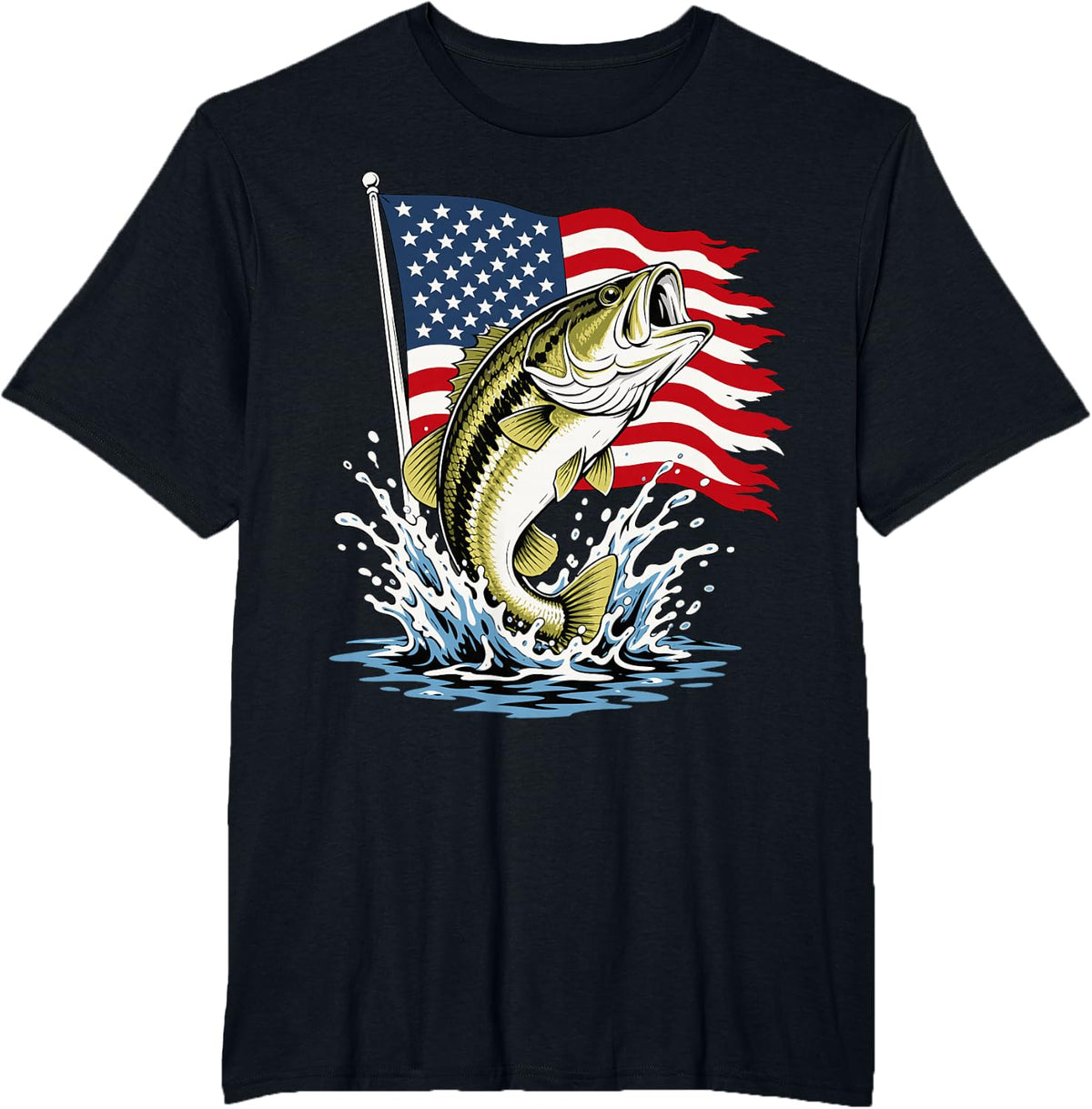 USA Bass Fishing American Flag Angler T-Shirt - Black