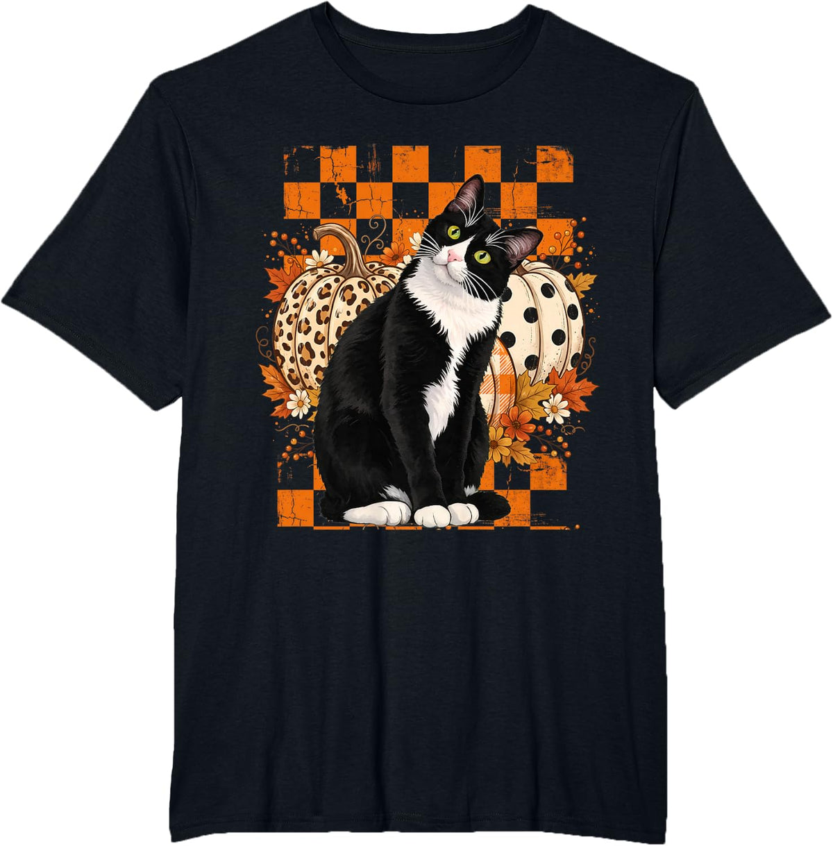 Tuxedo Cat Autum Fall Halloween Pumpkins Flowers Checkerbrd T-Shirt - Black