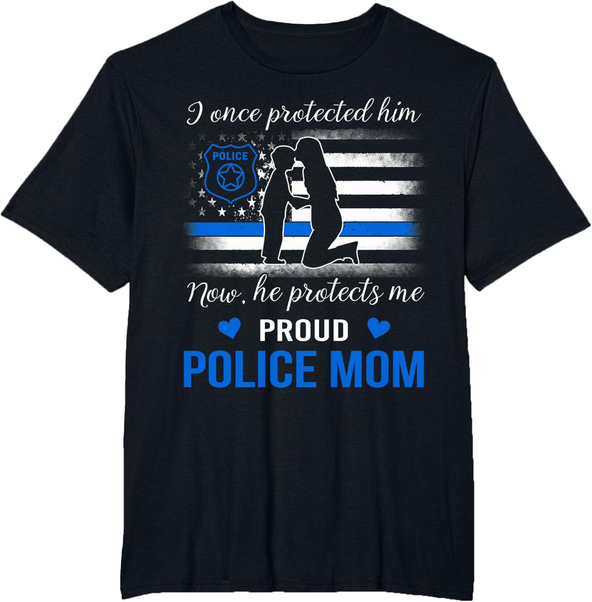 Thin Blue Line American Flag Proud Police Mom T-Shirt - Black