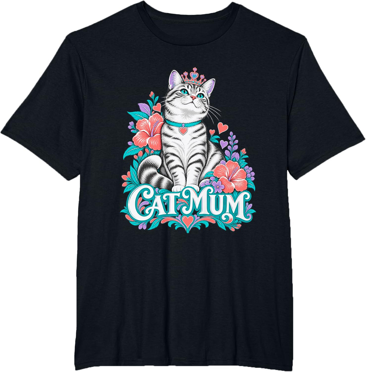 Cat Mum Floral Crown Tabby Cat T-Shirt - Black