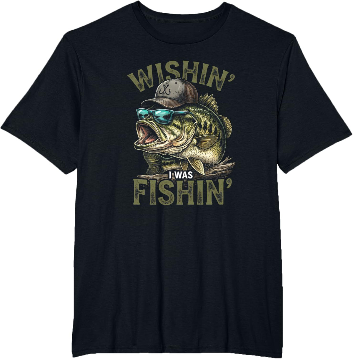 Funny Cartoon Largemouth Bass Sunglasses Angler Humor T-Shirt - Black