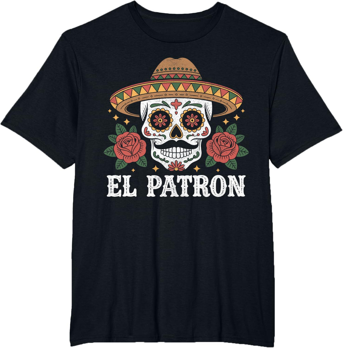 El Patron Cinco de Mayo Sugar Skull with Roses Distressed T-Shirt - Black