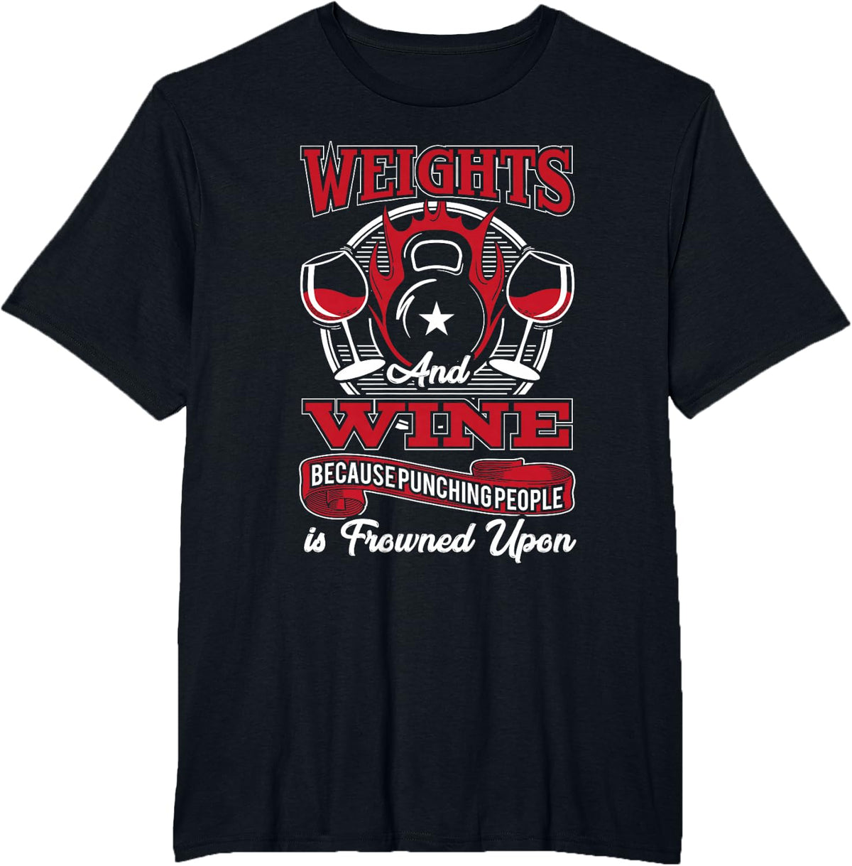 Weights and Wine Funny Weightlifting Workout Wine Humor T-Shirt - Black