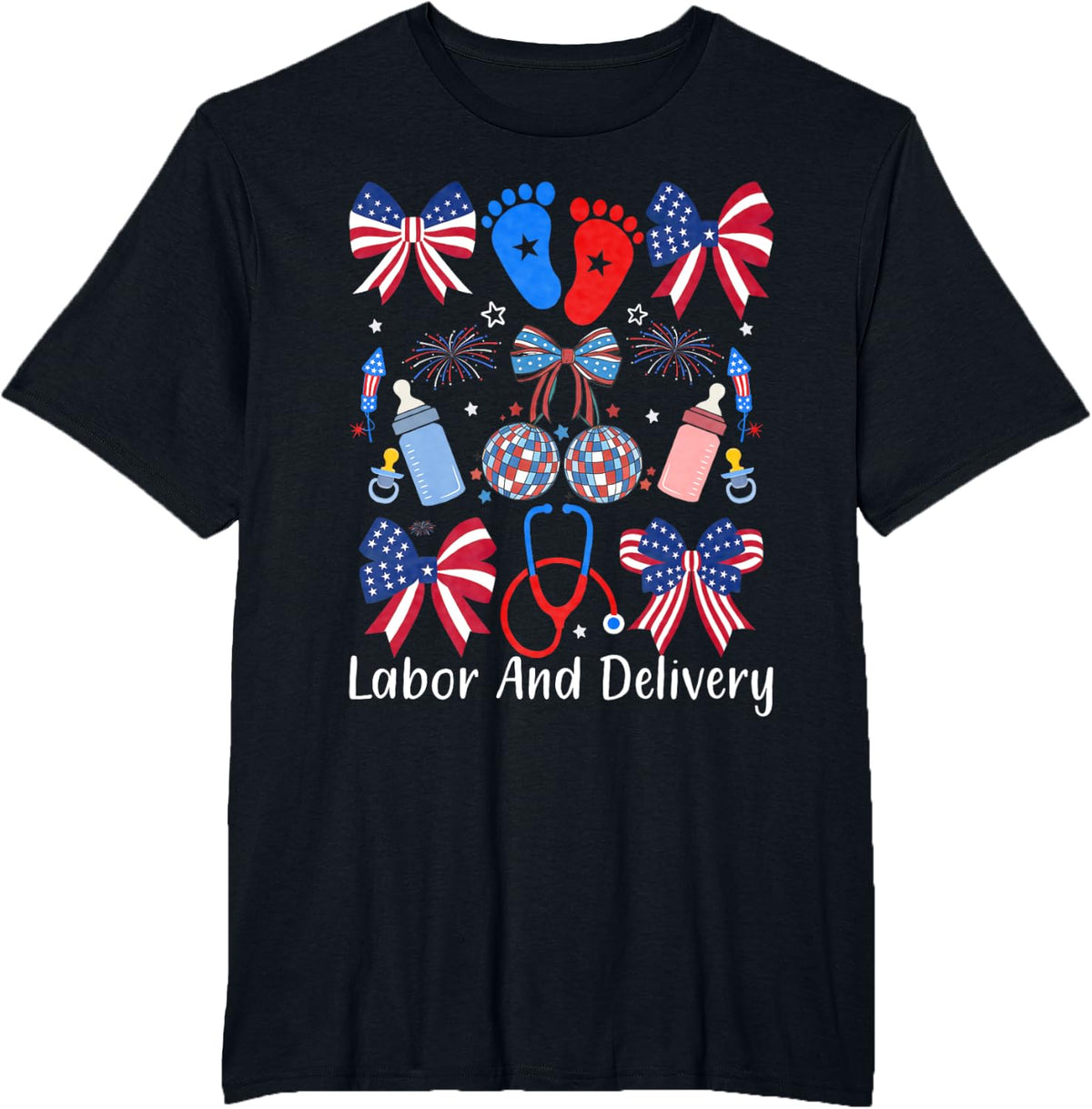 Labor Delivery Nurse Patriotic 4th Of July American Flag Tee T-Shirt - Black