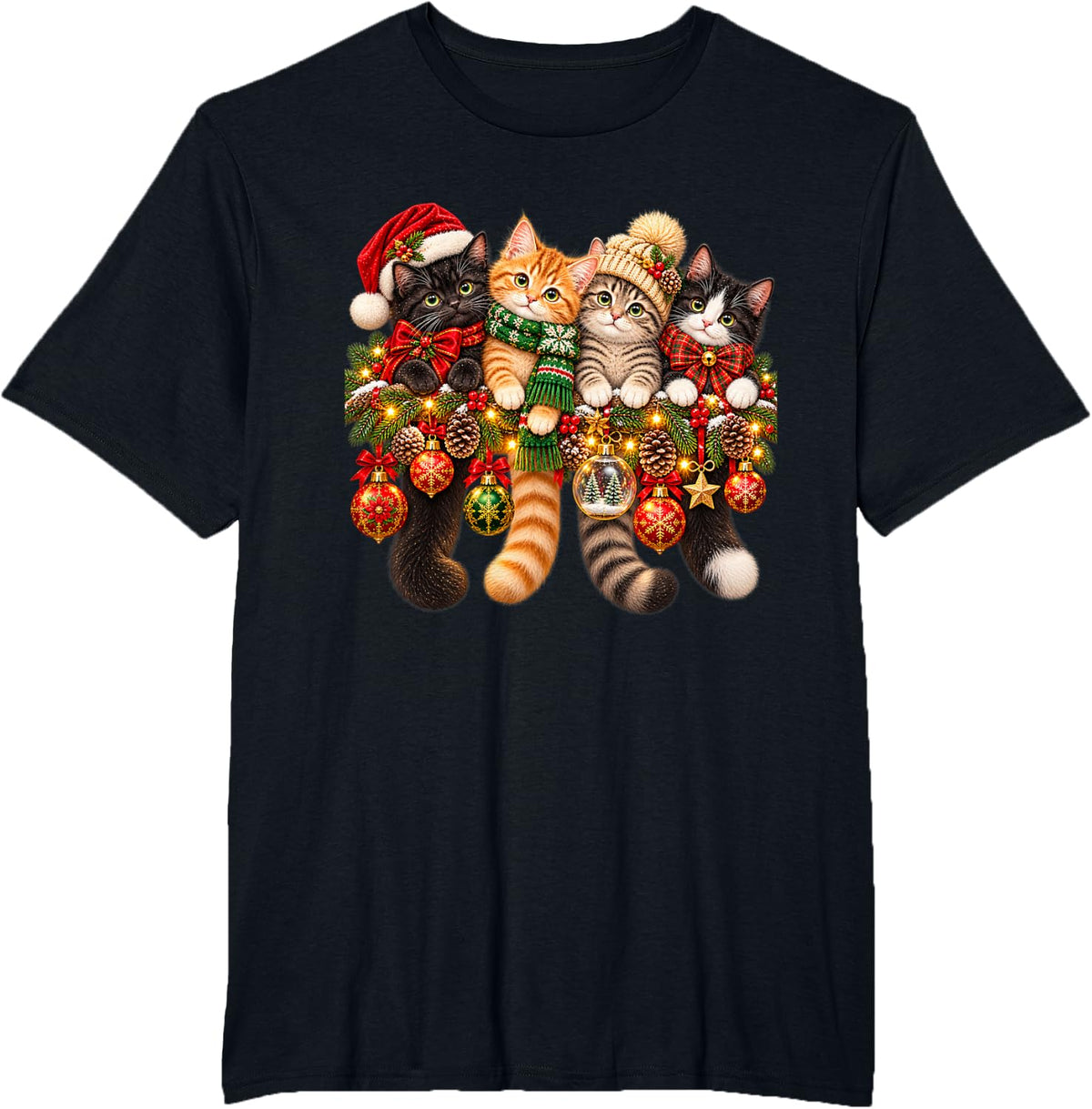 Four Cute Christmas Cats on Evergreen Branch T-Shirt - Black