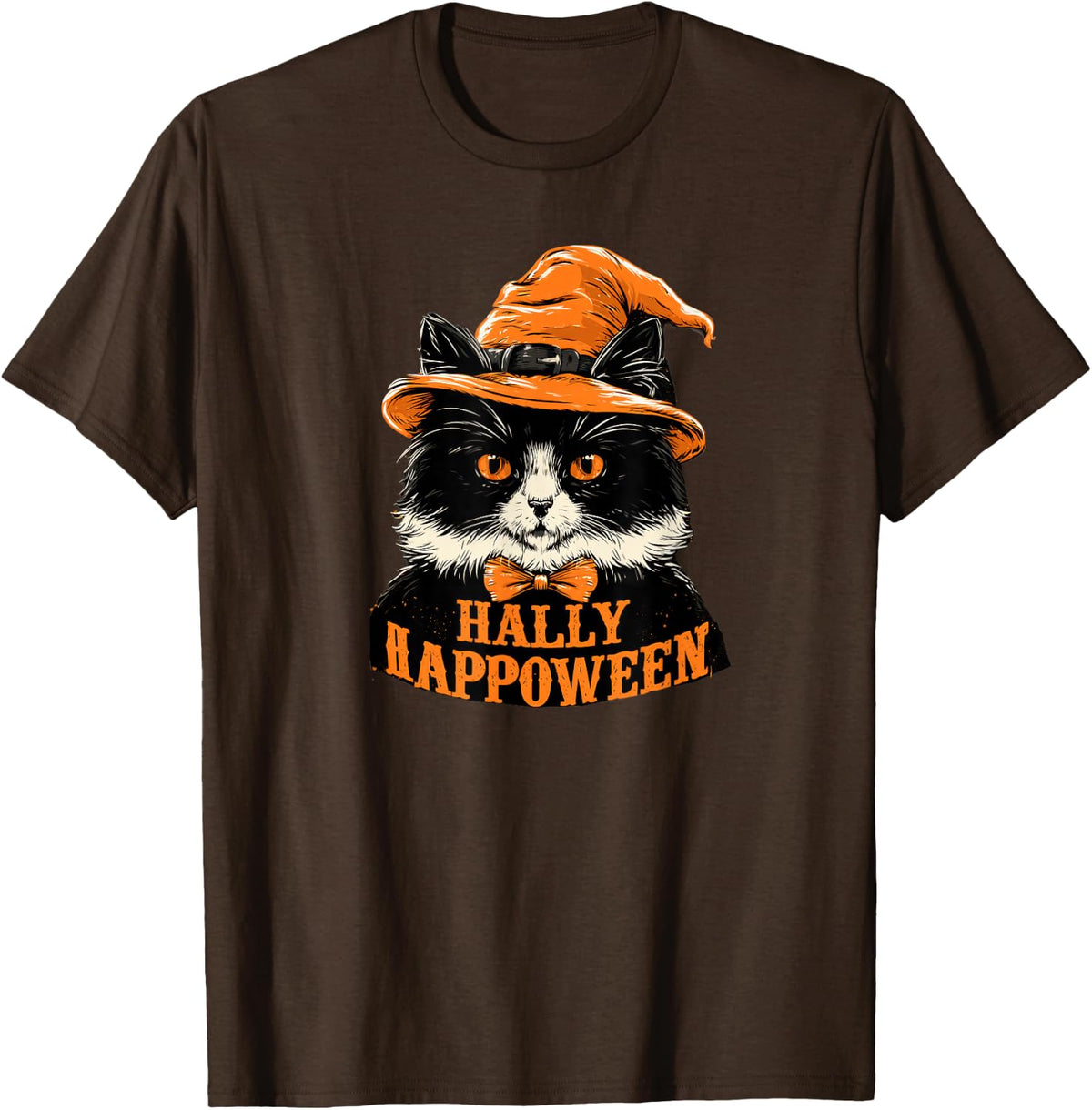 Tuxedo Cat Witch's Hat Hally Happoween Halloween T-Shirt - Brown