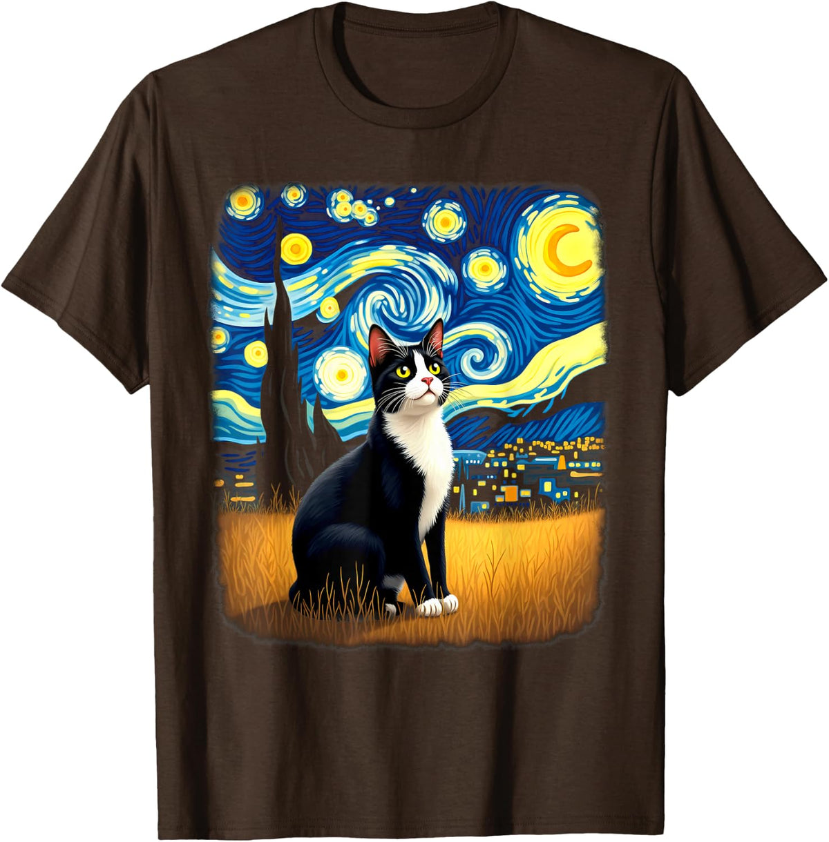 Retro Tuxedo Cat Starry Night T-Shirt - Brown