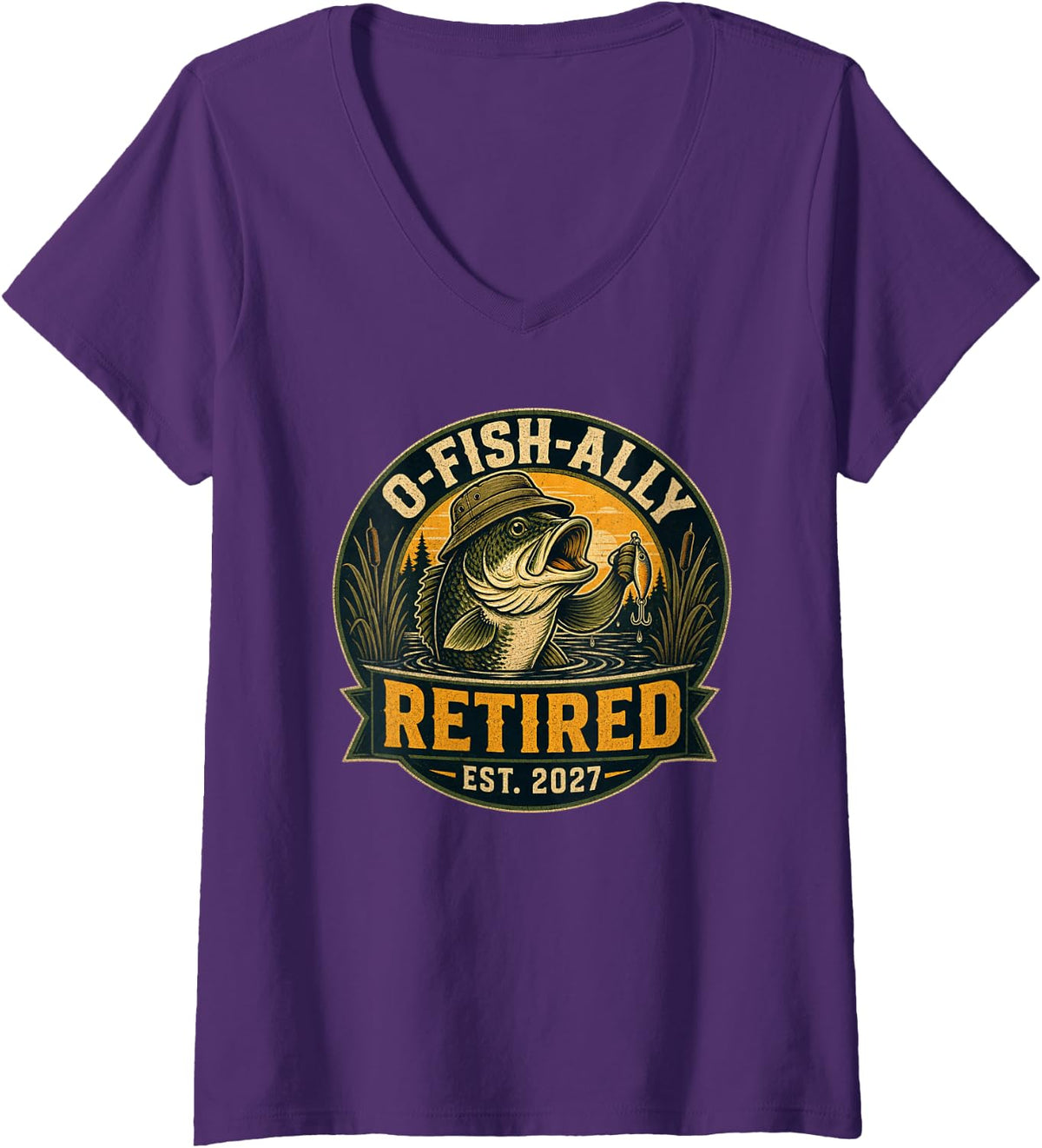 Women's Fishing Retirement 2027 Largemouth Bass V-Neck T-Shirt - Purple