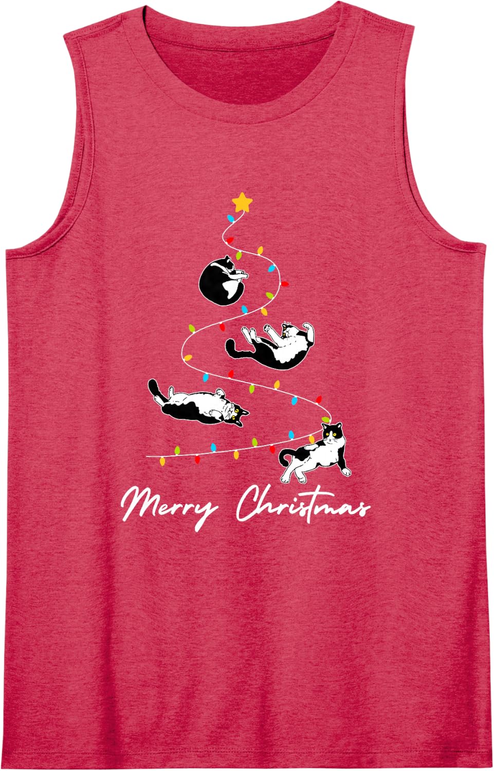 Cute Tuxedo Cats Christmas Tree Lights Owner Cat Lover Sleeveless Tank Top - Red