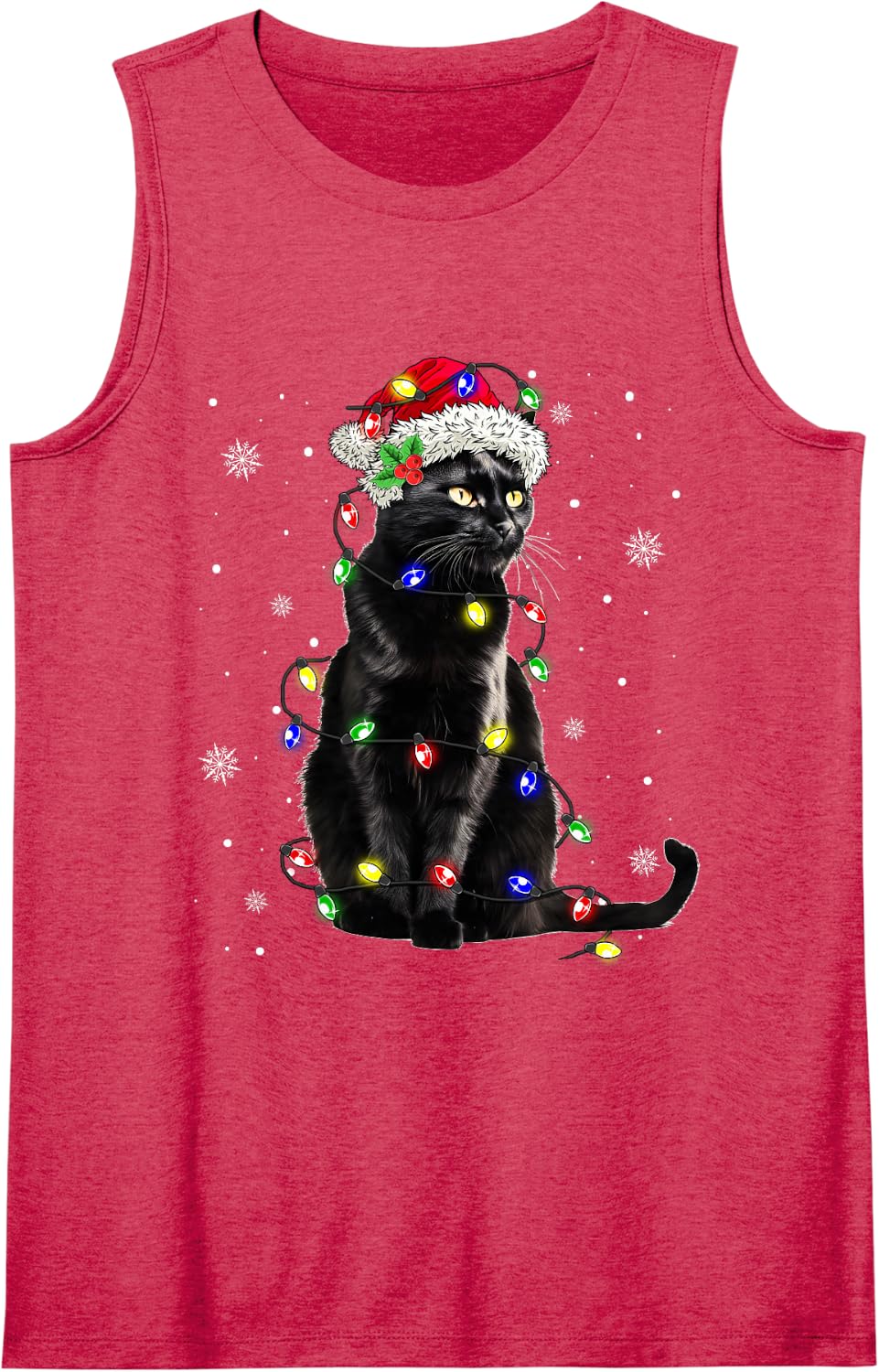 Black Cat Christmas Lights Santa Funny Cat Dad Mom Xmas Sleeveless Tank Top - Red