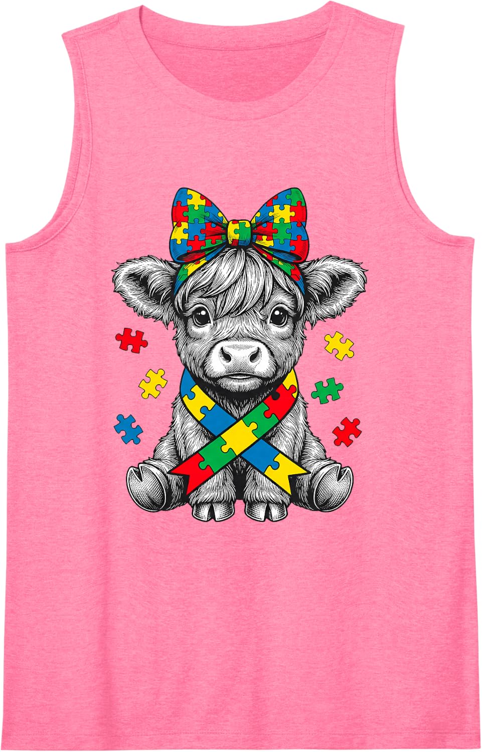 Autism Awareness Highland Cow Puzzle Piece Floral Ribbon Sleeveless Tank Top - Pink