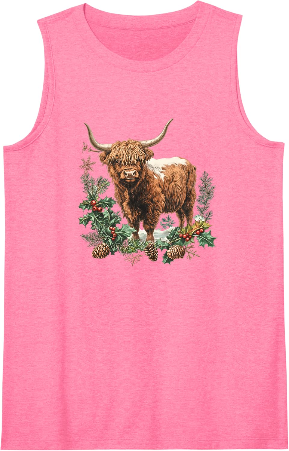 Highland Cow with Retro European Style, A Bunch of Leaves Sleeveless Tank Top - Pink
