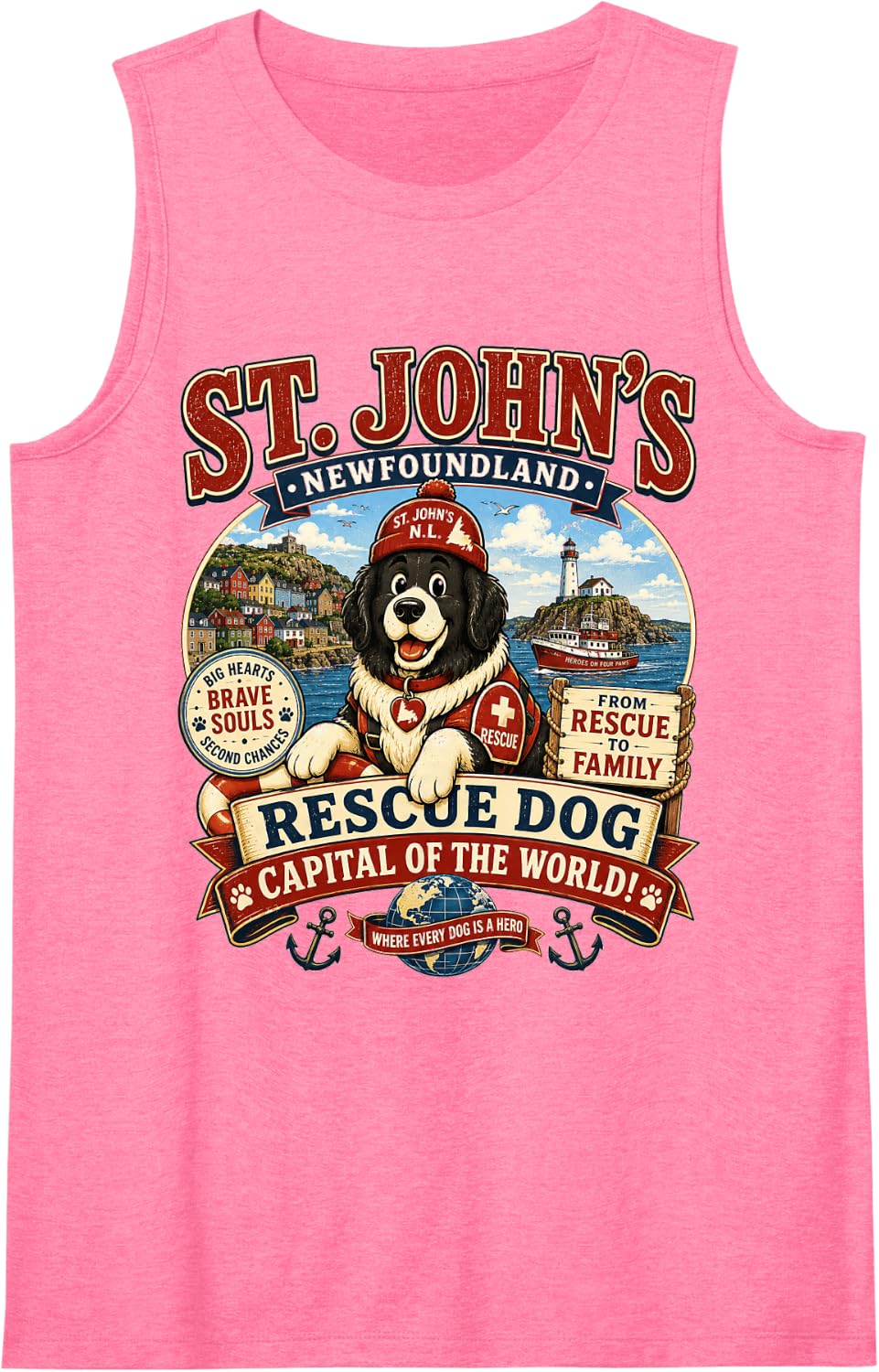 St. John's Newfoundland Rescue Dog Capital - Vintage Logo Sleeveless Tank Top - Pink