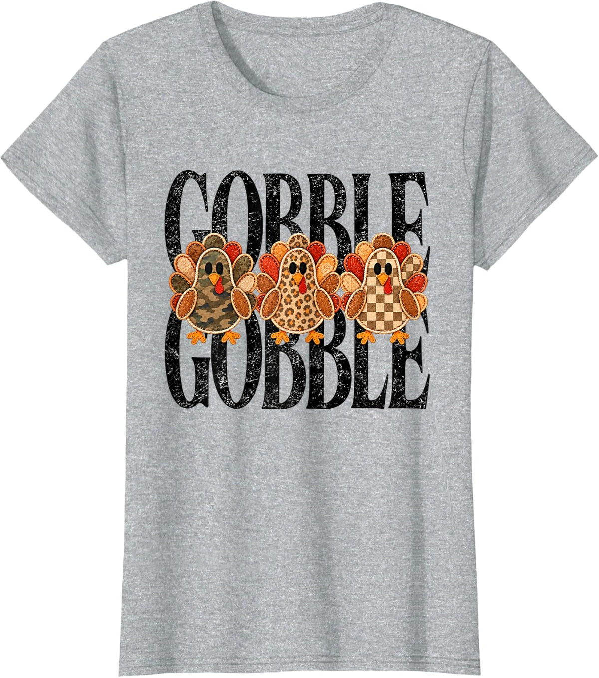 Gobble Gobble Thanksgiving Turkey Camo Leopard Plaid Fall T-Shirt - Heather Grey
