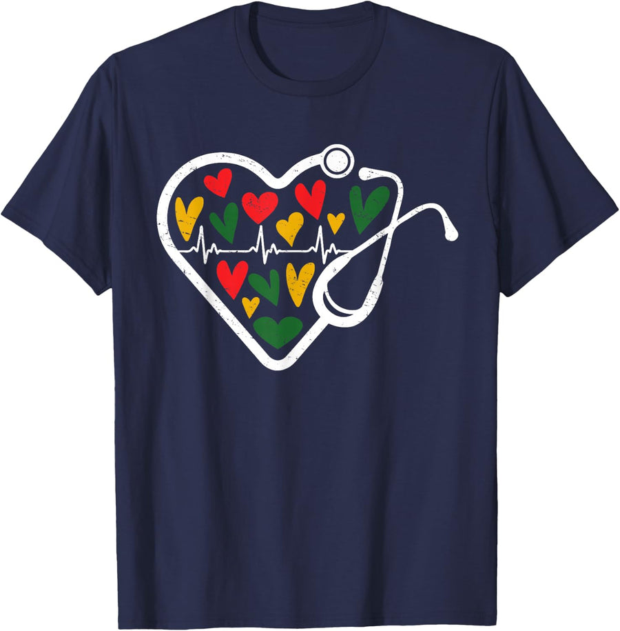 Nurse Juneteenth Stethoscope Melanin African American Women Tee T-Shirt - Navy Blue