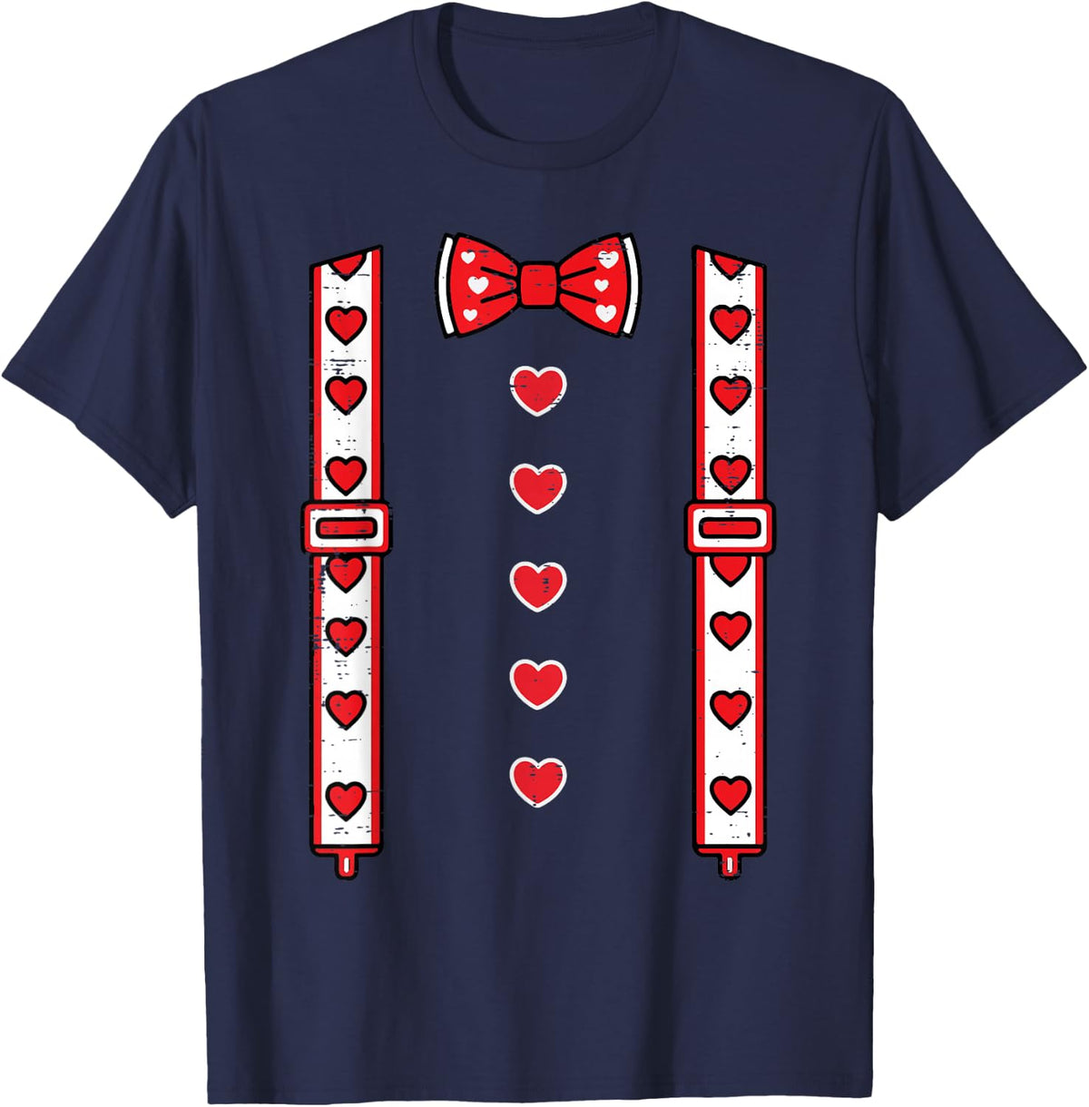 Valentines Day Suspenders Bow Tie Hearts Cute Boys Kids Men T-Shirt - Navy Blue