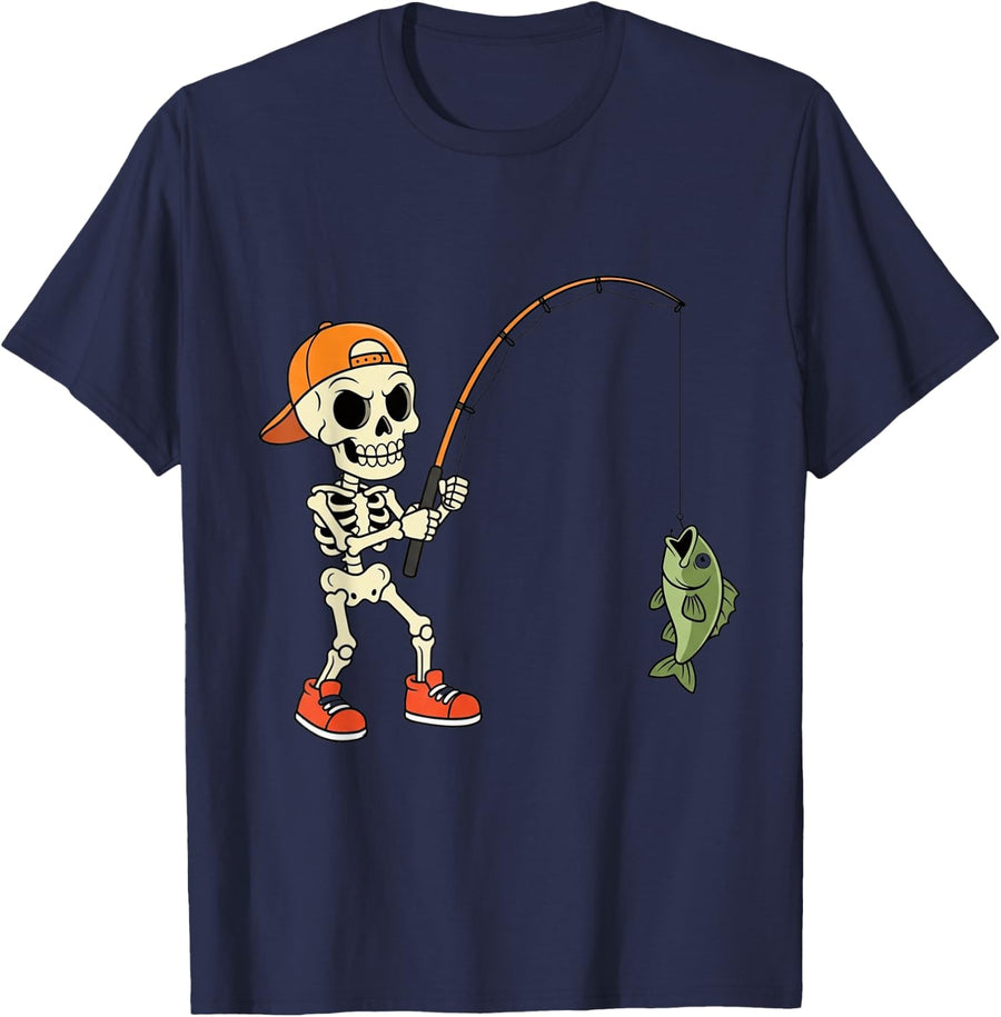 Funny Halloween Skeleton Bass Fishing Fisherman Spooky T-Shirt - Navy Blue