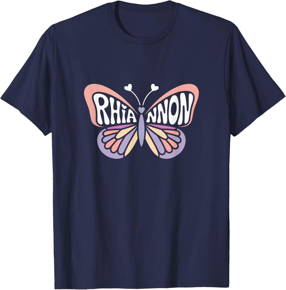 Rhiannon Butterfly - Personalized Cute Name Word Art T-Shirt - Navy Blue