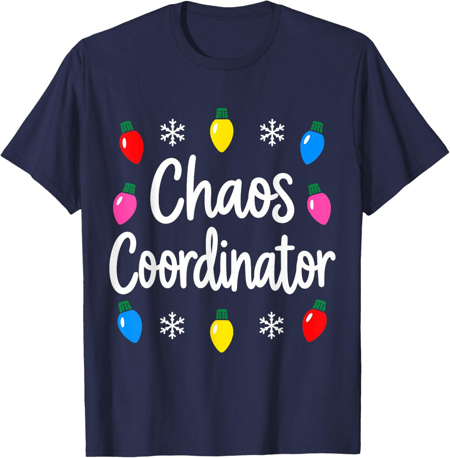 Chaos Coordinator Christmas Bulb Lights Winter Xmas T-Shirt - Navy Blue