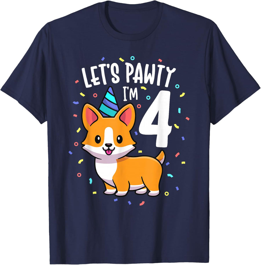 4 Years Old Corgi Dog Lover 4th Birthday Party Outfit Kid T-Shirt - Navy Blue