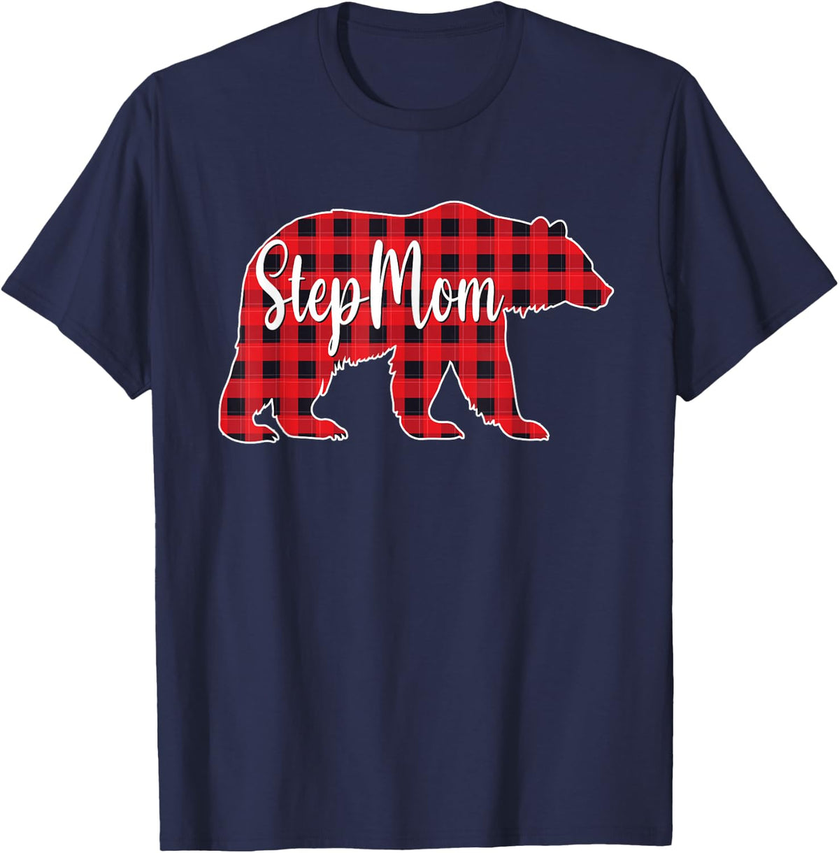 Bear Red Plaid Christmas Pajama Matching Family Stepmom T-Shirt - Navy Blue