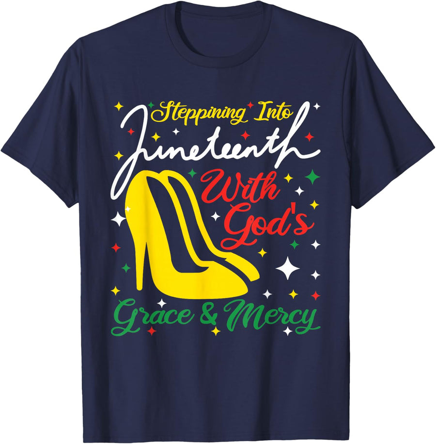 Stepping Into Juneteenth With God's Grace Women Juneteenth T-Shirt - Navy Blue