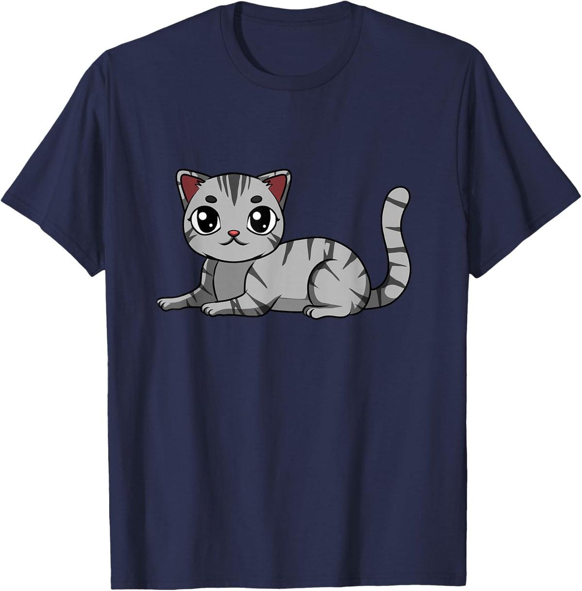American Short Hair Grey Tabby Neko Cute Kawaii Anime Cat T-Shirt - Navy Blue