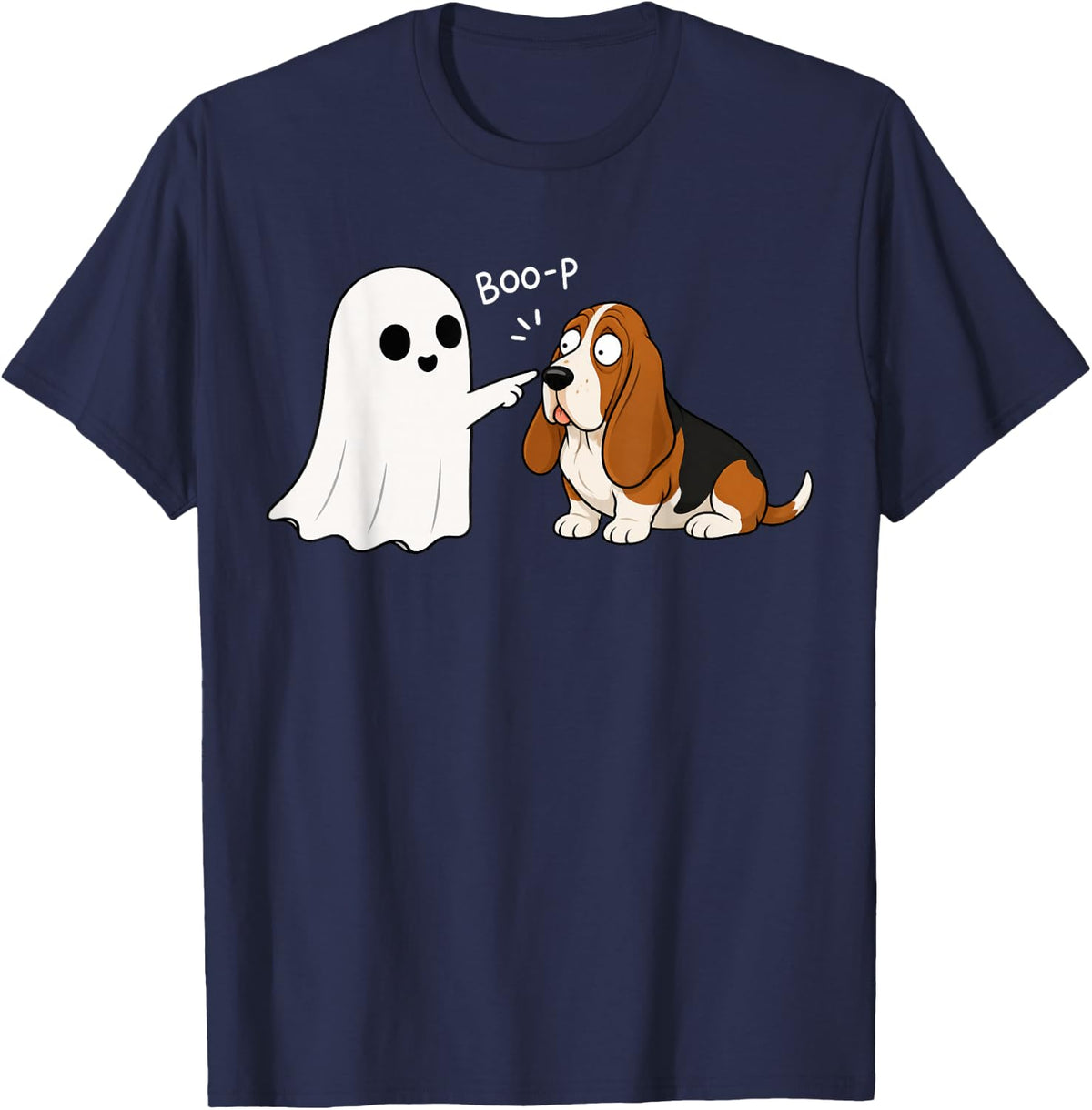 Cute Basset Hound Dog Boop Ghost Halloween T-Shirt - Navy Blue