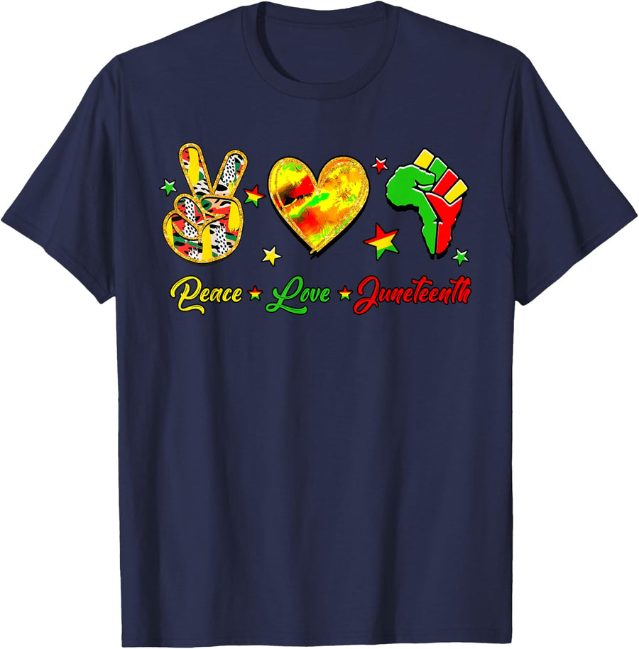 Peace Love Juneteenth 1865 African American Afro Men Women T-Shirt - Navy Blue