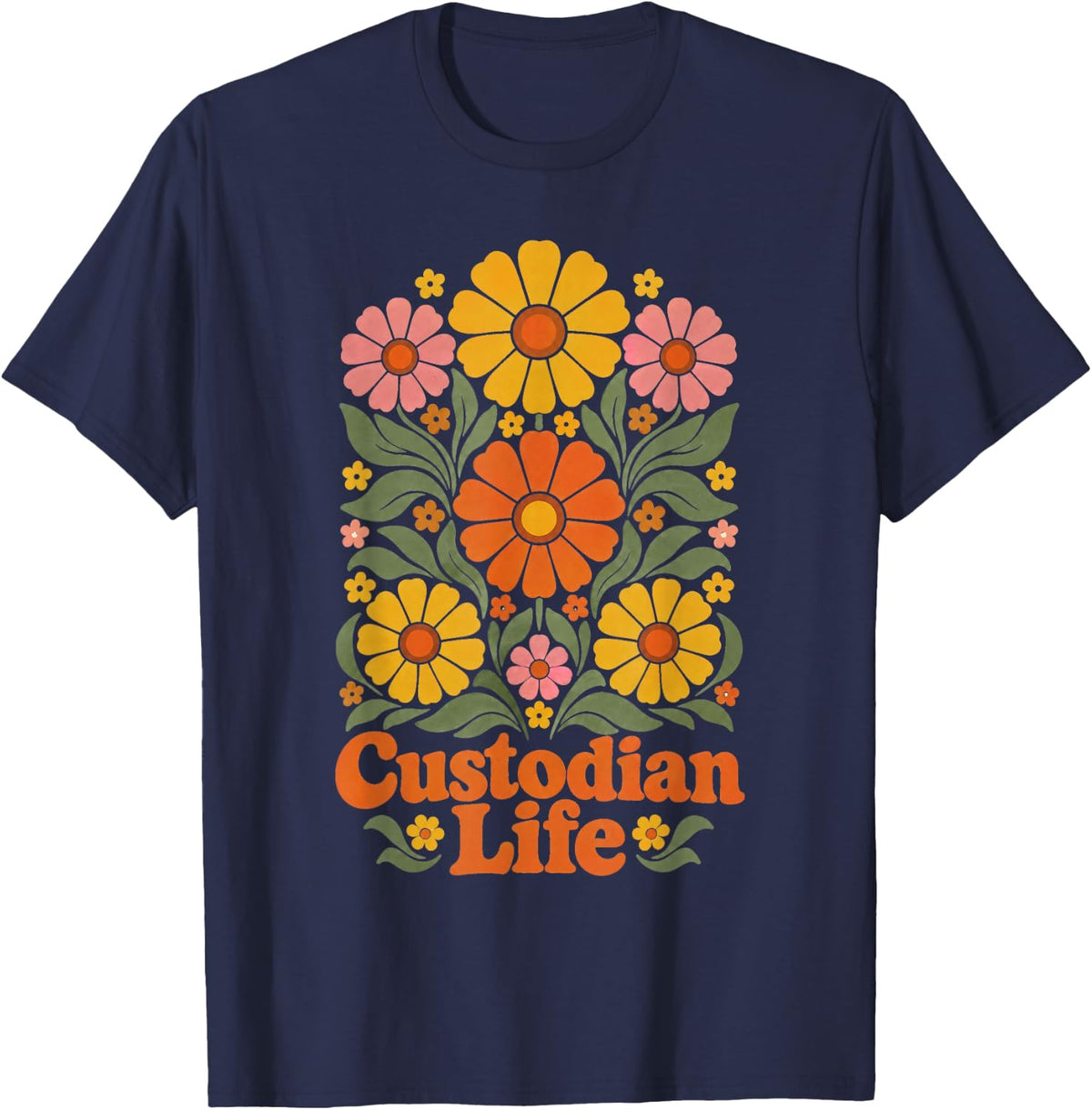 Custodian Life Flower Gardener Retro T-Shirt - Navy Blue