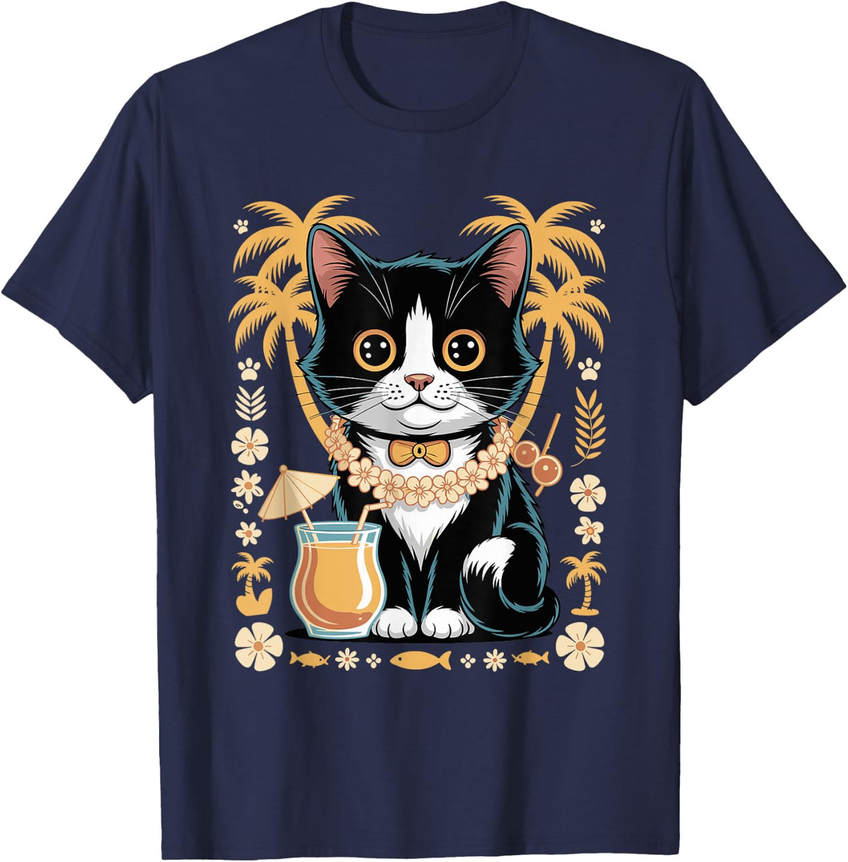 Tuxedo Cat Vacation Cat Lover T-Shirt - Navy Blue