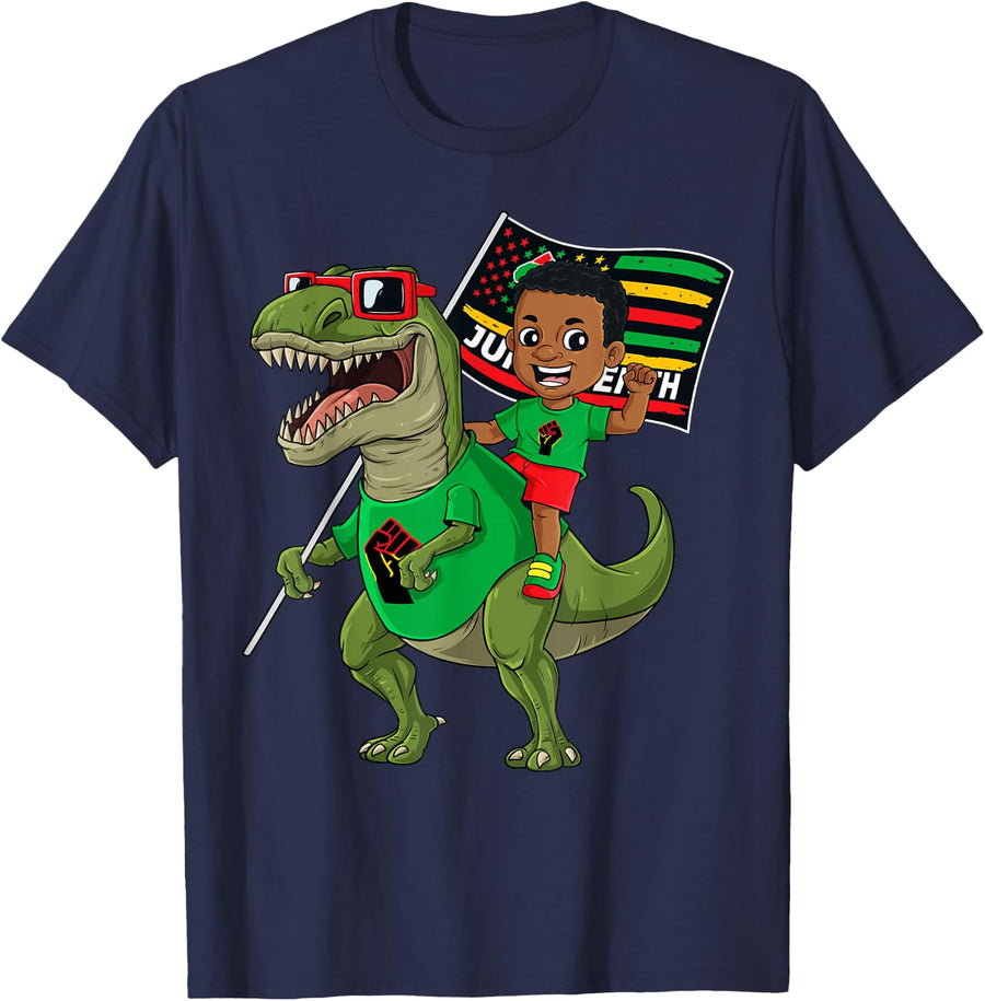 Juneteenth Black King Riding T Rex Dino Funny Boys Kids Flag T-Shirt - Navy Blue