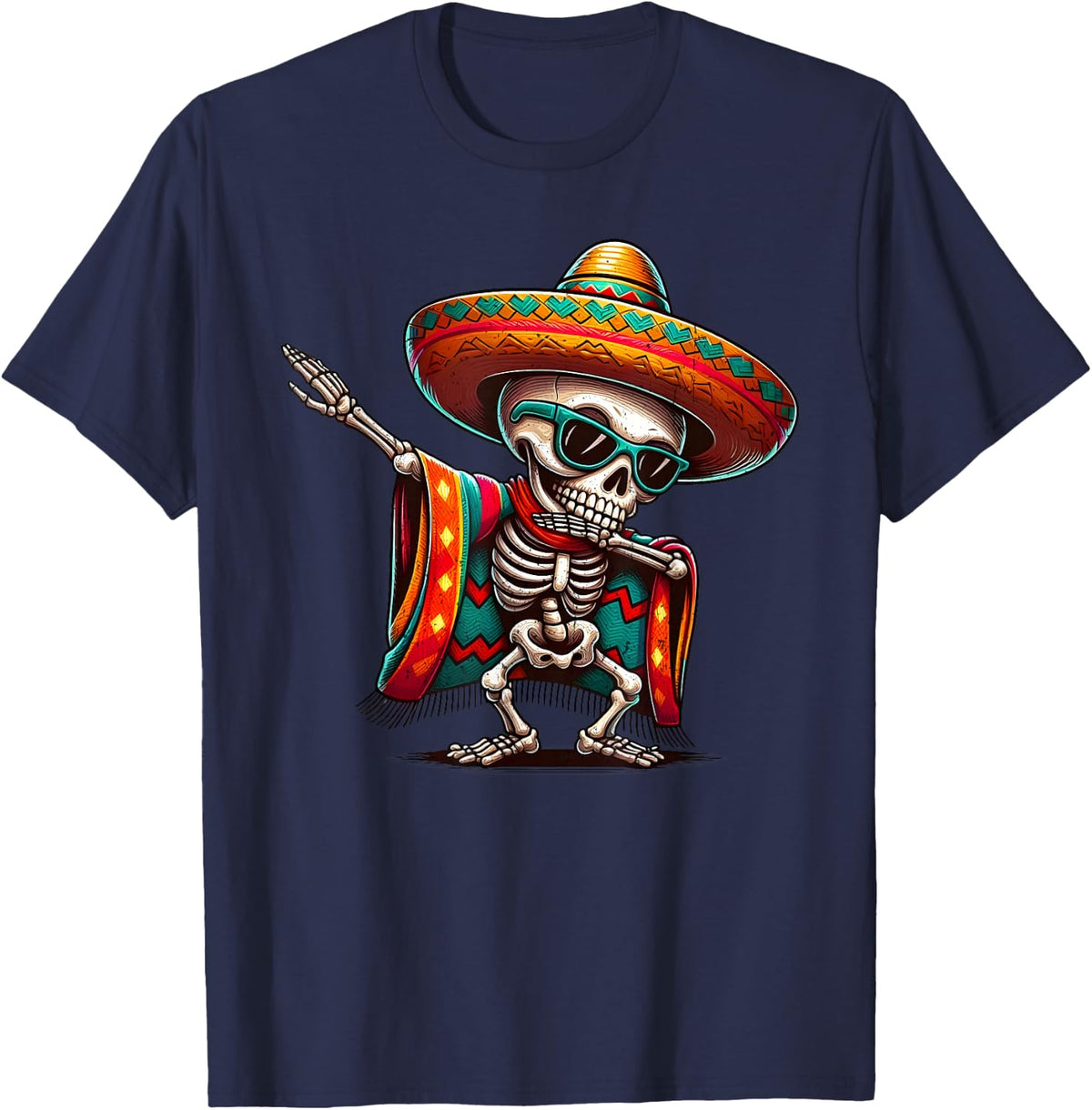Funny Dabbing Mexican Skeleton Poncho Cinco de Mayo T-Shirt Tee - Navy Blue