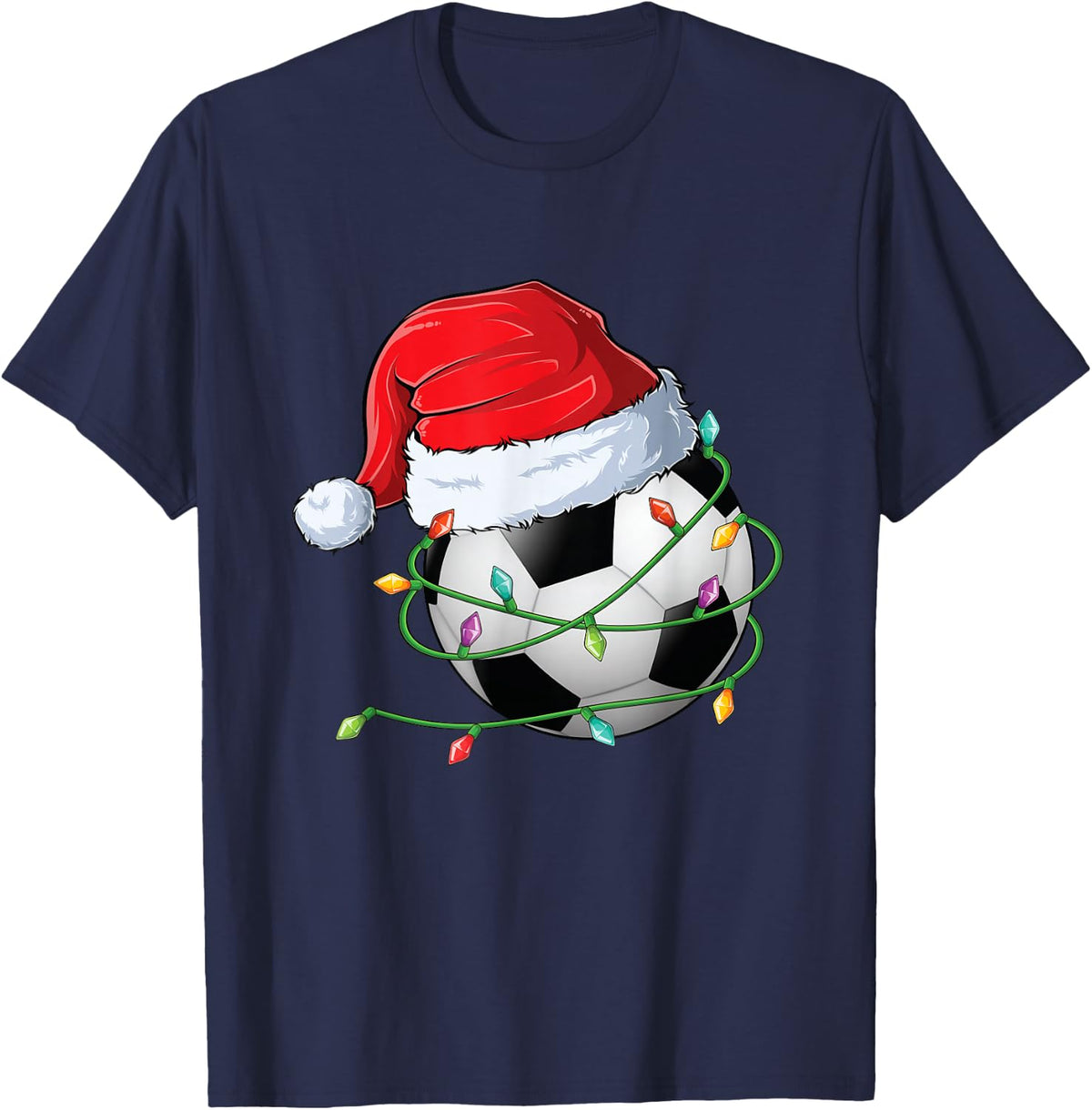 Christmas Soccer Santa Hat wrapped in Holiday Lights T-Shirt - Navy Blue